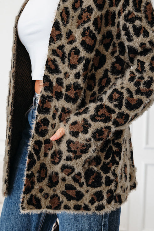 Textured Animal Print Open Front Pocketed Cardigan