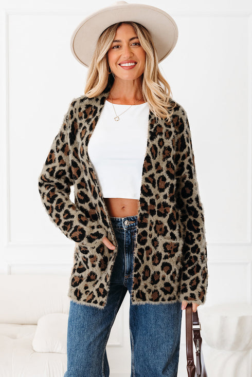 Textured Animal Print Open Front Pocketed Cardigan