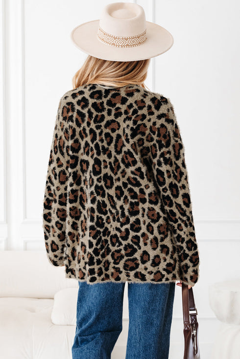Textured Animal Print Open Front Pocketed Cardigan