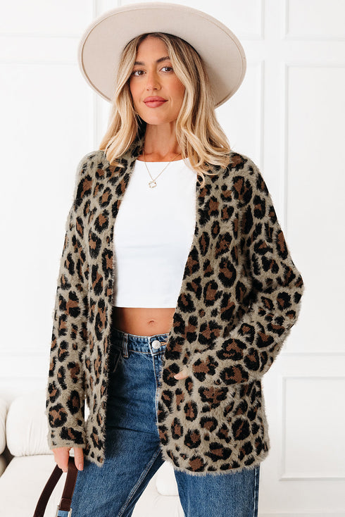 Textured Animal Print Open Front Pocketed Cardigan