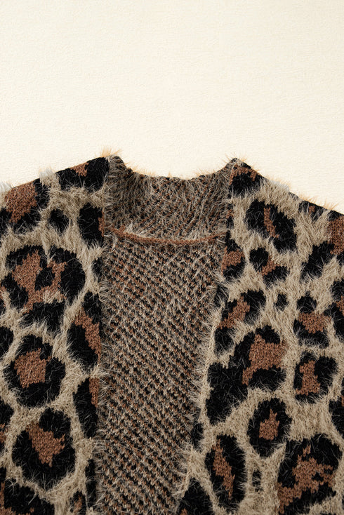Textured Animal Print Open Front Pocketed Cardigan