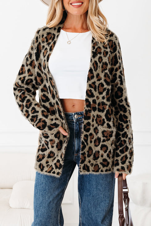 Textured Animal Print Open Front Pocketed Cardigan