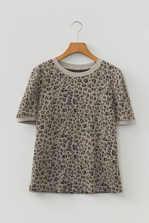 Textured Animal Print Short Sleeve Crew Neck Top