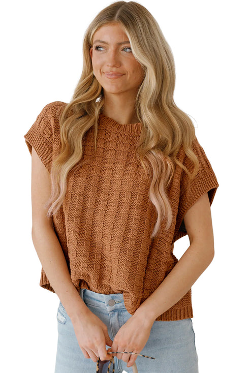 Textured Basketweave Knit Cap Sleeve Sweater Top