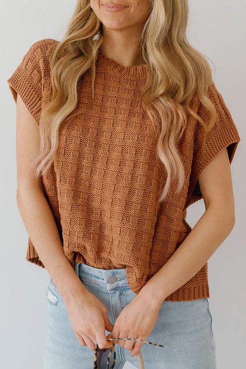 Textured Basketweave Knit Cap Sleeve Sweater Top