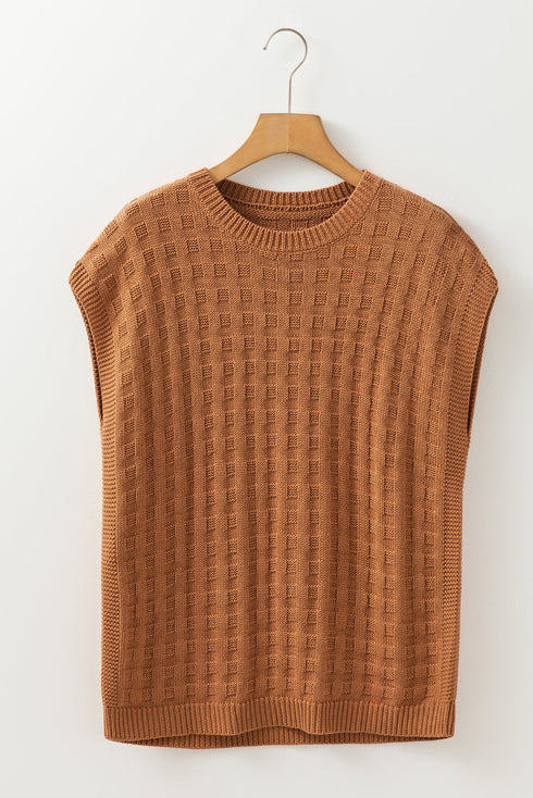Textured Basketweave Knit Cap Sleeve Sweater Top