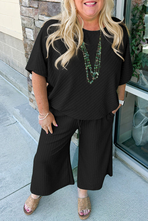 Textured Batwing Sleeve Tee Wide Leg Pants Plus Size Set