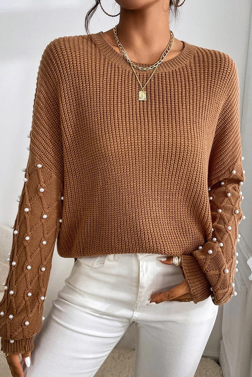Textured Beaded Sleeve Lattice Knit Pullover Sweater