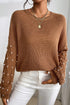 Textured Beaded Sleeve Lattice Knit Pullover Sweater