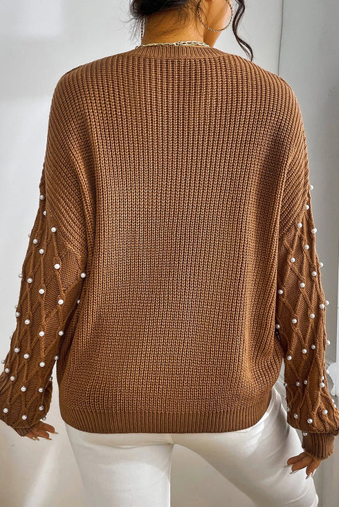 Textured Beaded Sleeve Lattice Knit Pullover Sweater