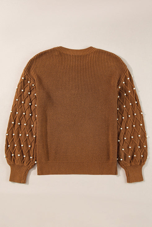 Textured Beaded Sleeve Lattice Knit Pullover Sweater