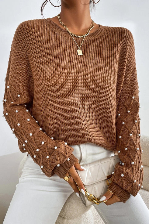 Textured Beaded Sleeve Lattice Knit Pullover Sweater