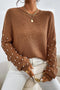 Textured Beaded Sleeve Lattice Knit Pullover Sweater
