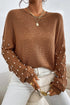 Textured Beaded Sleeve Lattice Knit Pullover Sweater