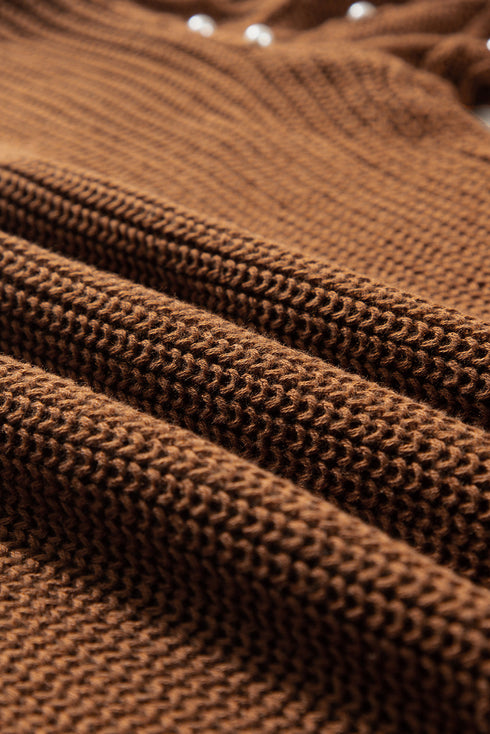 Textured Beaded Sleeve Lattice Knit Pullover Sweater