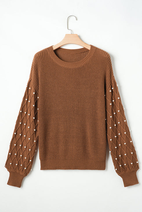 Textured Beaded Sleeve Lattice Knit Pullover Sweater
