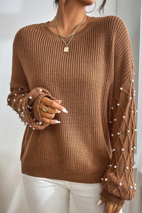Textured Beaded Sleeve Lattice Knit Pullover Sweater