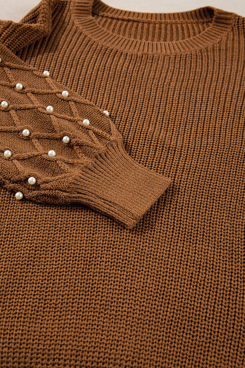 Textured Beaded Sleeve Lattice Knit Pullover Sweater