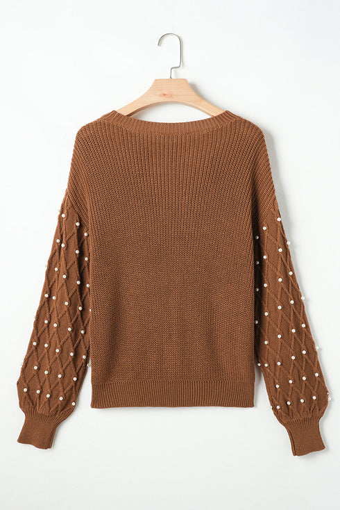 Textured Beaded Sleeve Lattice Knit Pullover Sweater