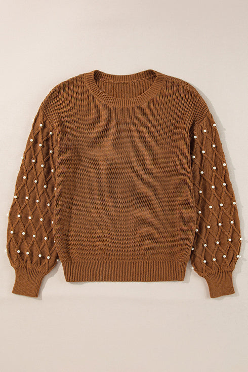 Textured Beaded Sleeve Lattice Knit Pullover Sweater