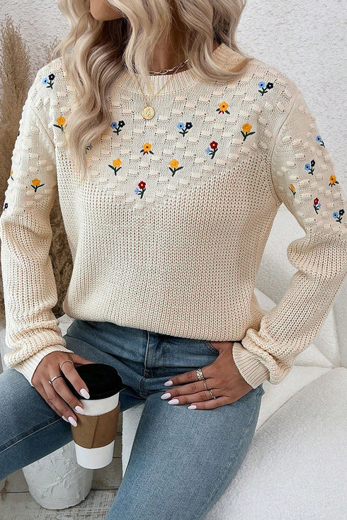 Textured Bobble Knit Floral Embroidered Pullover Sweater