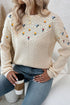 Textured Bobble Knit Floral Embroidered Pullover Sweater