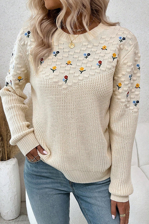 Textured Bobble Knit Floral Embroidered Pullover Sweater