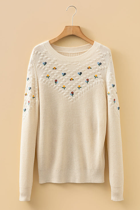 Textured Bobble Knit Floral Embroidered Pullover Sweater
