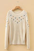 Textured Bobble Knit Floral Embroidered Pullover Sweater
