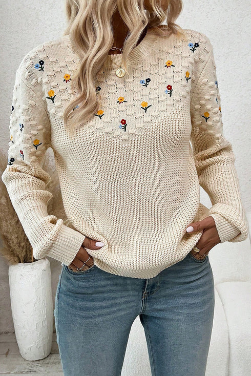 Textured Bobble Knit Floral Embroidered Pullover Sweater