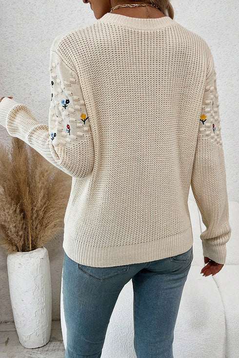 Textured Bobble Knit Floral Embroidered Pullover Sweater