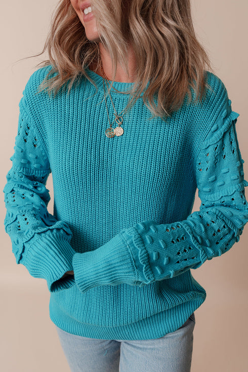Textured Bobble Sleeve Eyelet Crew Neck Sweater