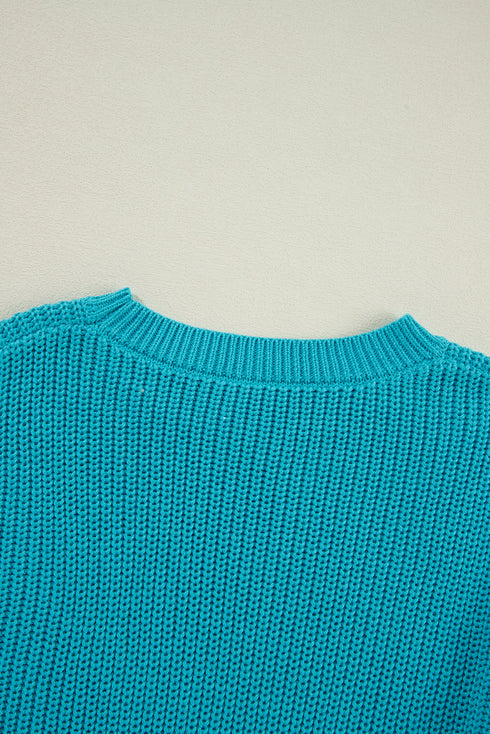 Textured Bobble Sleeve Eyelet Crew Neck Sweater