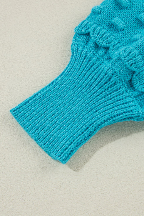 Textured Bobble Sleeve Eyelet Crew Neck Sweater