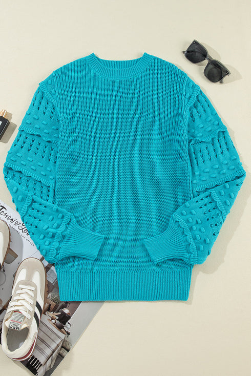 Textured Bobble Sleeve Eyelet Crew Neck Sweater