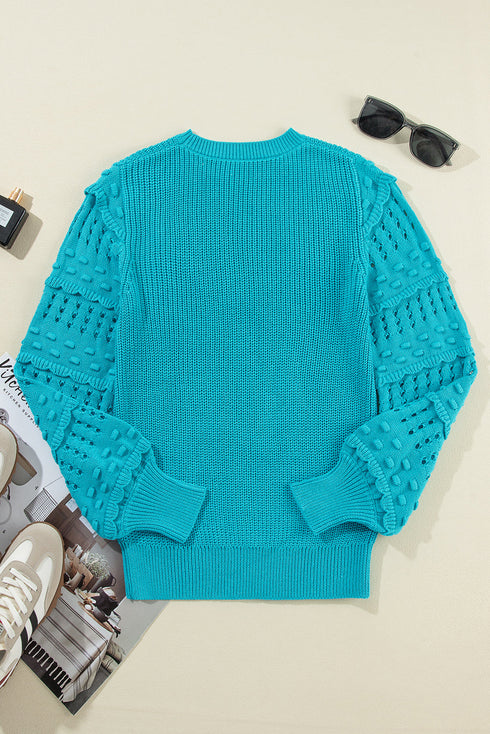 Textured Bobble Sleeve Eyelet Crew Neck Sweater