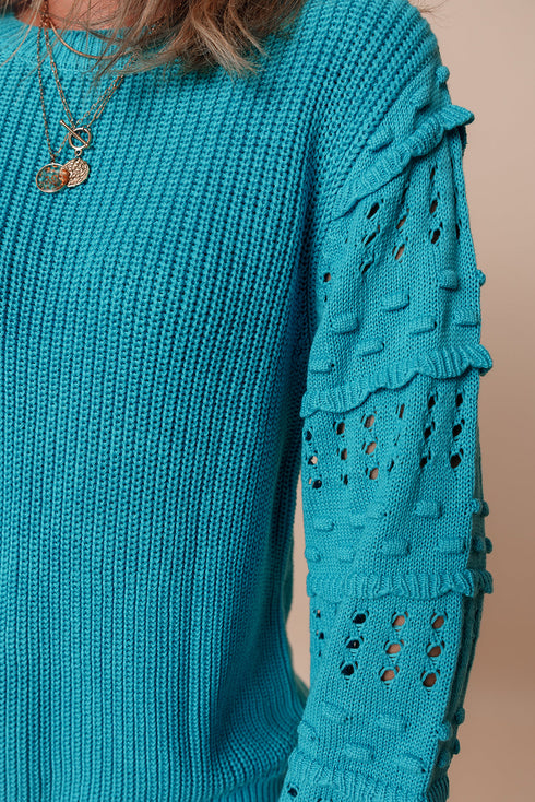 Textured Bobble Sleeve Eyelet Crew Neck Sweater