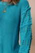 Textured Bobble Sleeve Eyelet Crew Neck Sweater