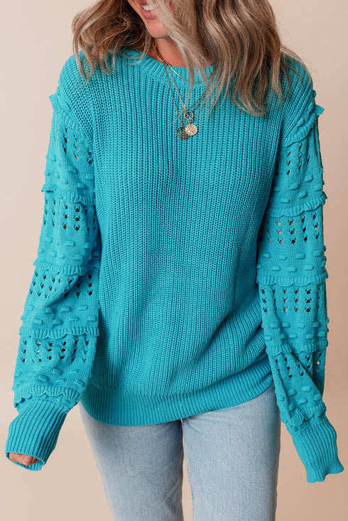 Textured Bobble Sleeve Eyelet Crew Neck Sweater