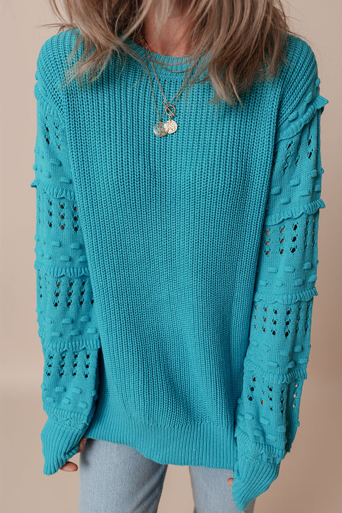 Textured Bobble Sleeve Eyelet Crew Neck Sweater