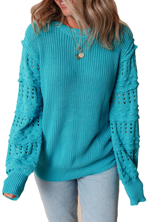 Textured Bobble Sleeve Eyelet Crew Neck Sweater