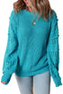 Textured Bobble Sleeve Eyelet Crew Neck Sweater