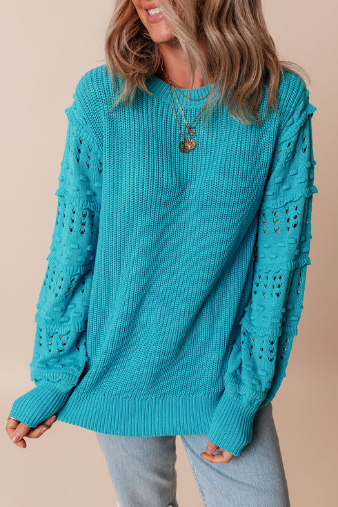 Textured Bobble Sleeve Eyelet Crew Neck Sweater