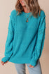 Textured Bobble Sleeve Eyelet Crew Neck Sweater