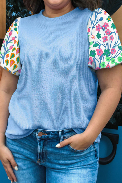 Textured Bodice Floral Print Statement Sleeve Blouse