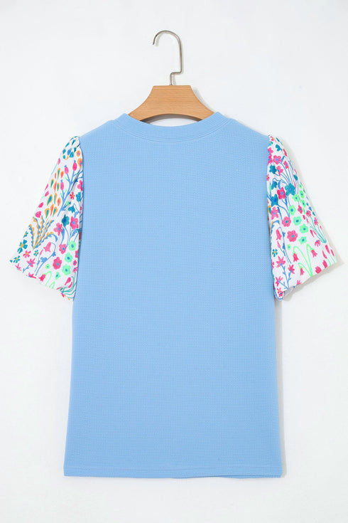 Textured Bodice Floral Print Statement Sleeve Blouse