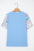 Textured Bodice Floral Print Statement Sleeve Blouse