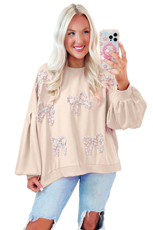 Textured Bow Applique Balloon Sleeve Pullover Sweatshirt