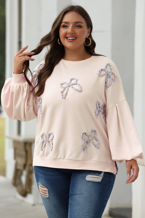 Textured Bow Applique Balloon Sleeve Pullover Sweatshirt