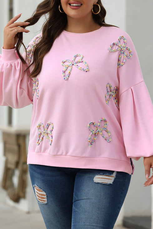 Textured Bow Applique Balloon Sleeve Pullover Sweatshirt